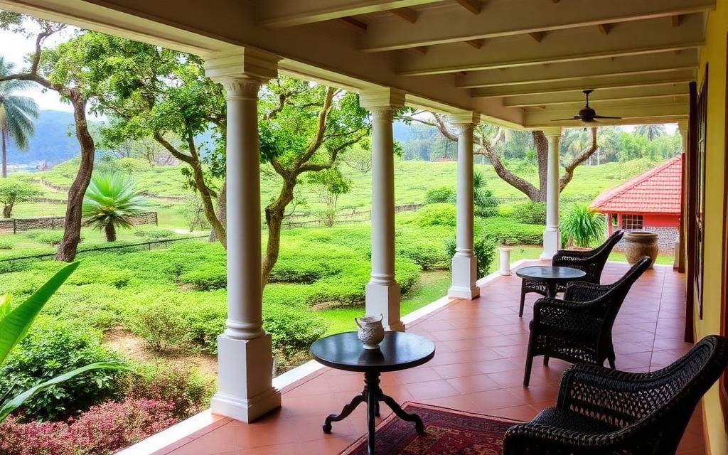 Colonial planter style bungalow near Maskeliya Sri Lanka with veranda, garden and tea estate setting