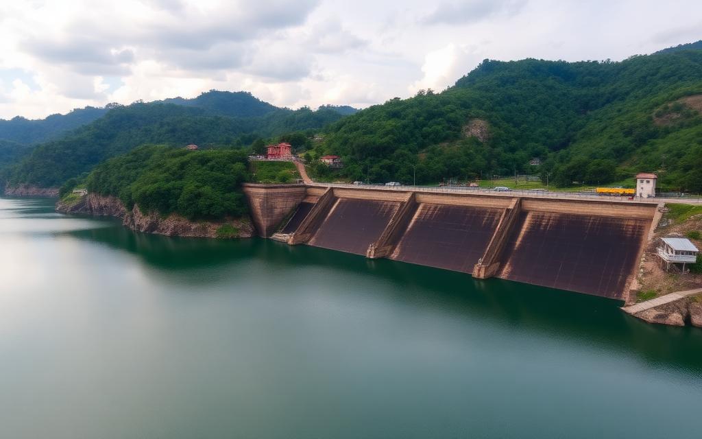 Reservoir side stay reference near Maskeliya dam Sri Lanka with view of water and surrounding hills