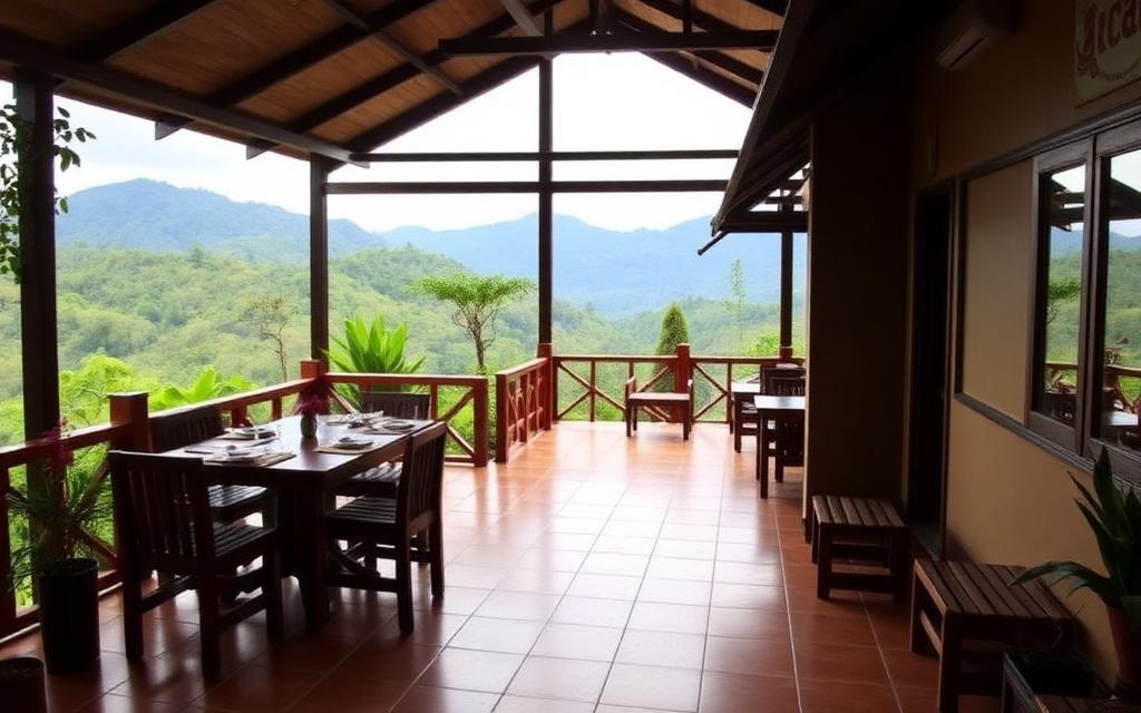 Family-friendly hotel garden in Maskeliya Sri Lanka with simple dining area and hill country view
