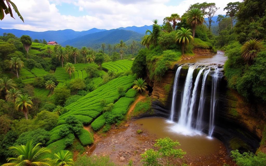 Gartmore Falls and Moray Estate scenery near Maskeliya Sri Lanka with waterfall, tea estate and mountain backdrop