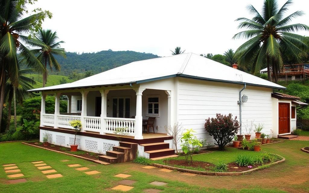 Simple white painted family-run guesthouse in Maskeliya Sri Lanka with veranda, garden and tea hill backdrop