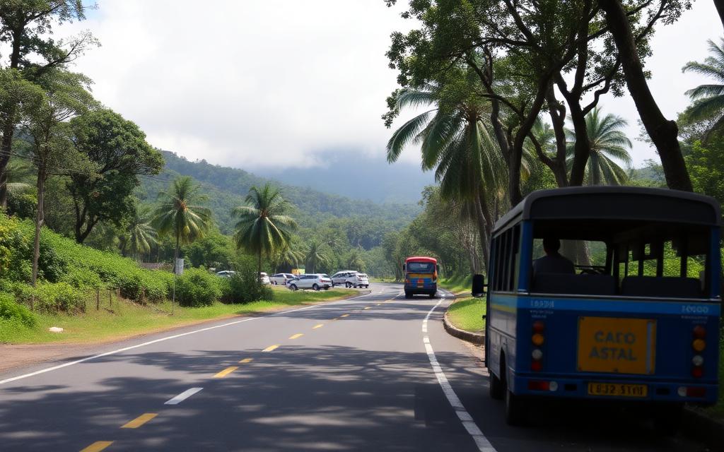 Hatton to Maskeliya road Sri Lanka with tea country scenery, mountain road and small bus on a daytime route