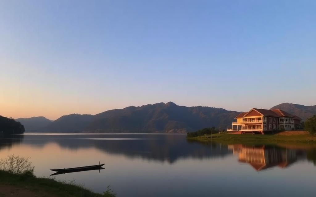 Quiet lake view lodge near Maskeliya reservoir Sri Lanka with calm water at golden hour and mountain backdrop