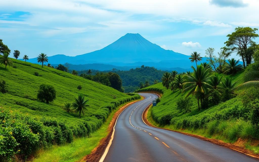 Hill country road from Maskeliya toward Nallathanniya Sri Lanka winding through tea plantations with Adam's Peak silhouette in distance