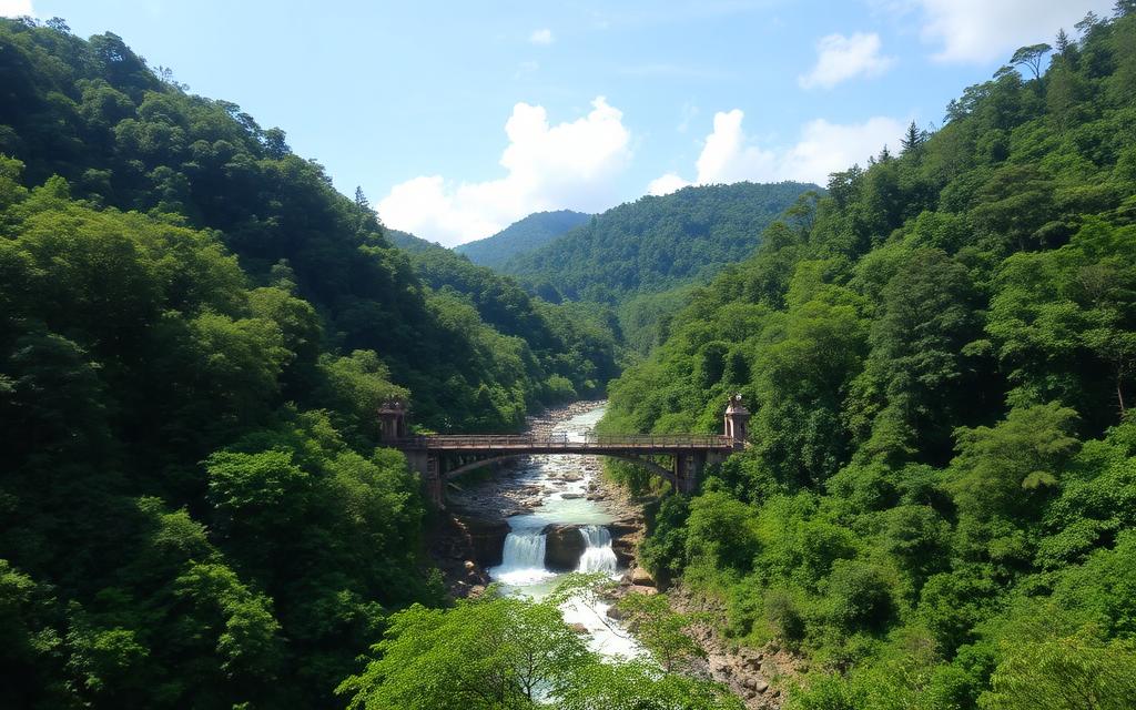 Norton Bridge and Laxapana area near Maskeliya Sri Lanka with river, forested hills and scenic nature route