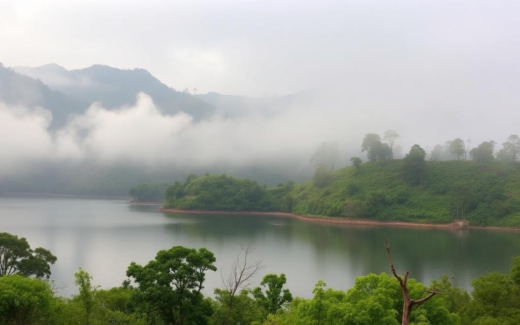 Maskeliya Reservoir Maussakelle reservoir Sri Lanka with calm lake, surrounding tea hills and soft mist