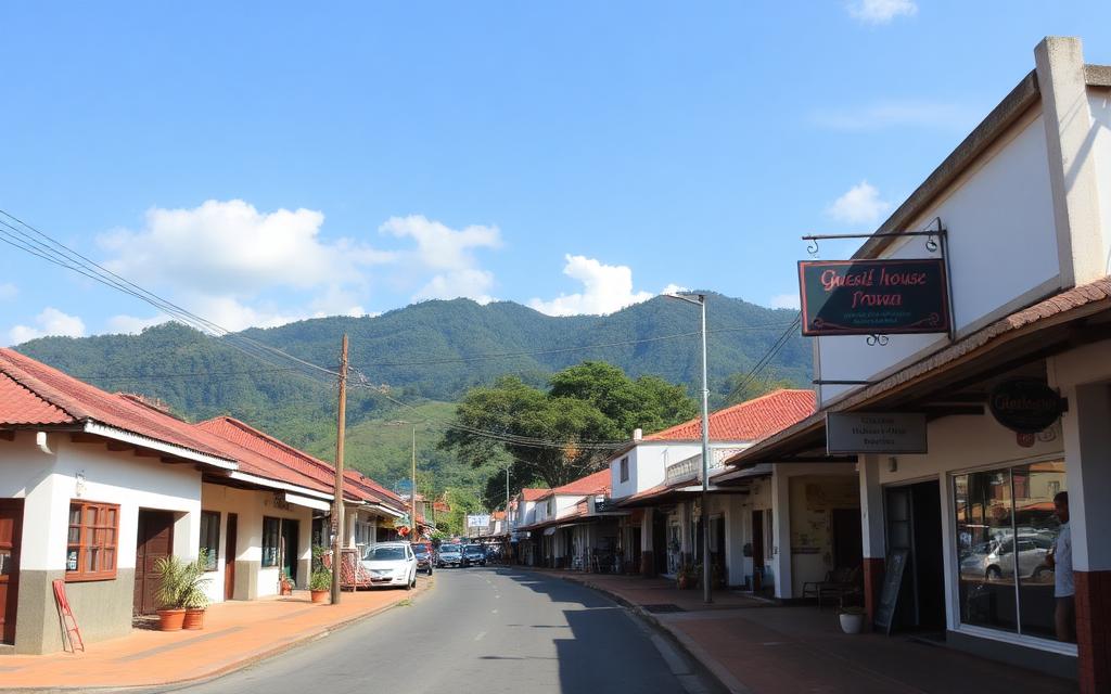 Maskeliya town centre Sri Lanka with simple shops, guesthouse signs and hill country mountains behind