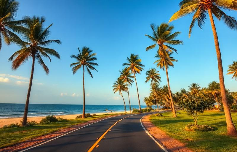 Matara Beach coastal road Sri Lanka with palm-lined road, ocean view, simple beach hotels and golden hour light