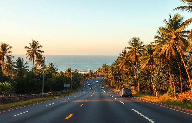 South coast Sri Lanka coastal highway with palm trees, ocean view, road-trip atmosphere and light traffic in afternoon golden light