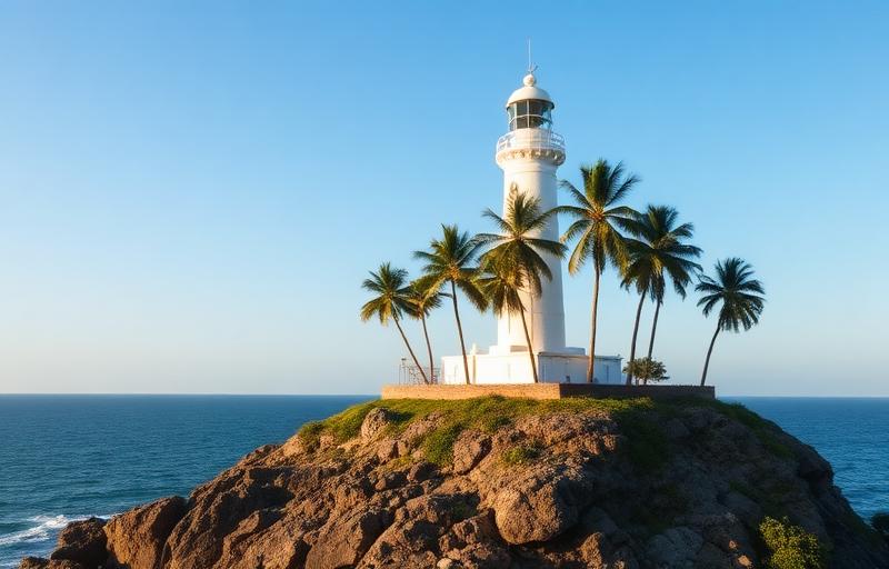 Dondra Head lighthouse Sri Lanka tall white lighthouse on rocky coastal point with palm trees, blue ocean and clear sky in afternoon light
