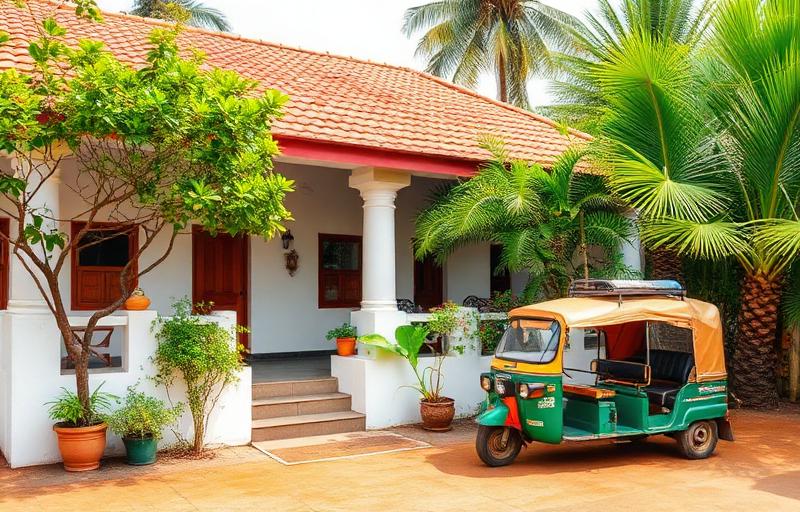 Family-run guesthouse in Matara Sri Lanka with whitewashed walls, terracotta roof, leafy garden with palm trees and parked tuk-tuk in casual local atmosphere