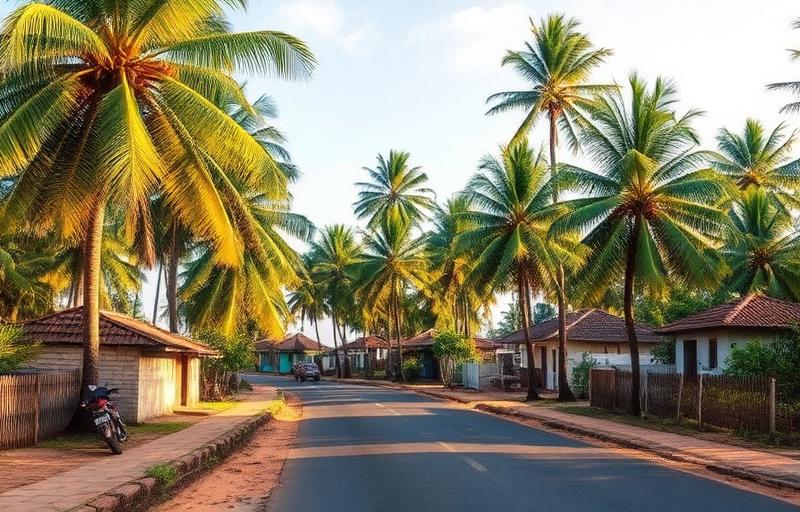Kamburugamuwa Sri Lanka coastal village between Matara and Mirissa with palm trees, small local houses, casual coastal road and afternoon light
