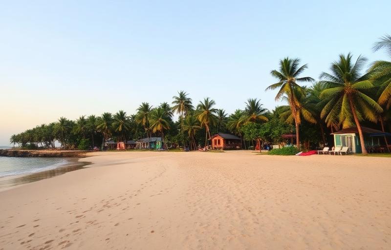 Madiha Beach Matara Sri Lanka quiet sandy beach with palm trees, small surfers, boutique guesthouses behind palms and calm coastal atmosphere