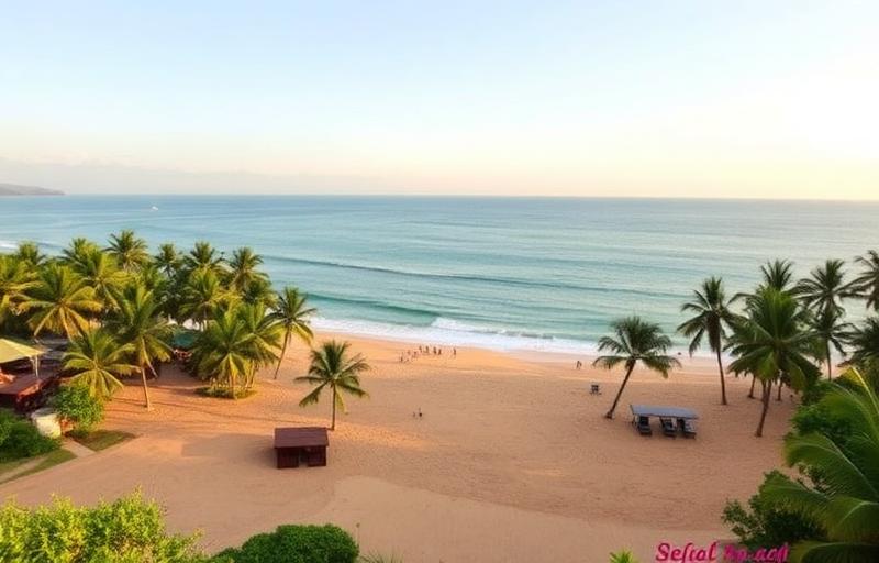 Mirissa Beach Sri Lanka curved sandy bay with palm trees, beach restaurants and turquoise water in afternoon light