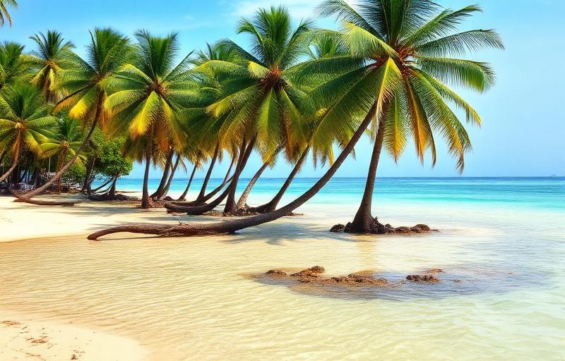 Polhena Beach Matara Sri Lanka calm shallow lagoon beach with palm trees, family-friendly atmosphere, small reef and turquoise water in afternoon light