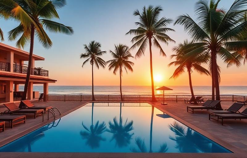 Beach hotel with pool near Matara Sri Lanka with rectangular swimming pool, palm trees, sun loungers and ocean view at golden hour