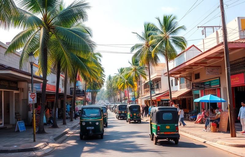 Matara town Sri Lanka south coast main street with low-rise shops, tuk-tuks, palm trees and casual local atmosphere in afternoon light