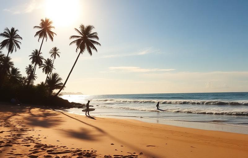 Weligama Bay Sri Lanka wide sandy beach bay with beginner surfers, palm trees and stilt fishermen silhouettes in golden afternoon light