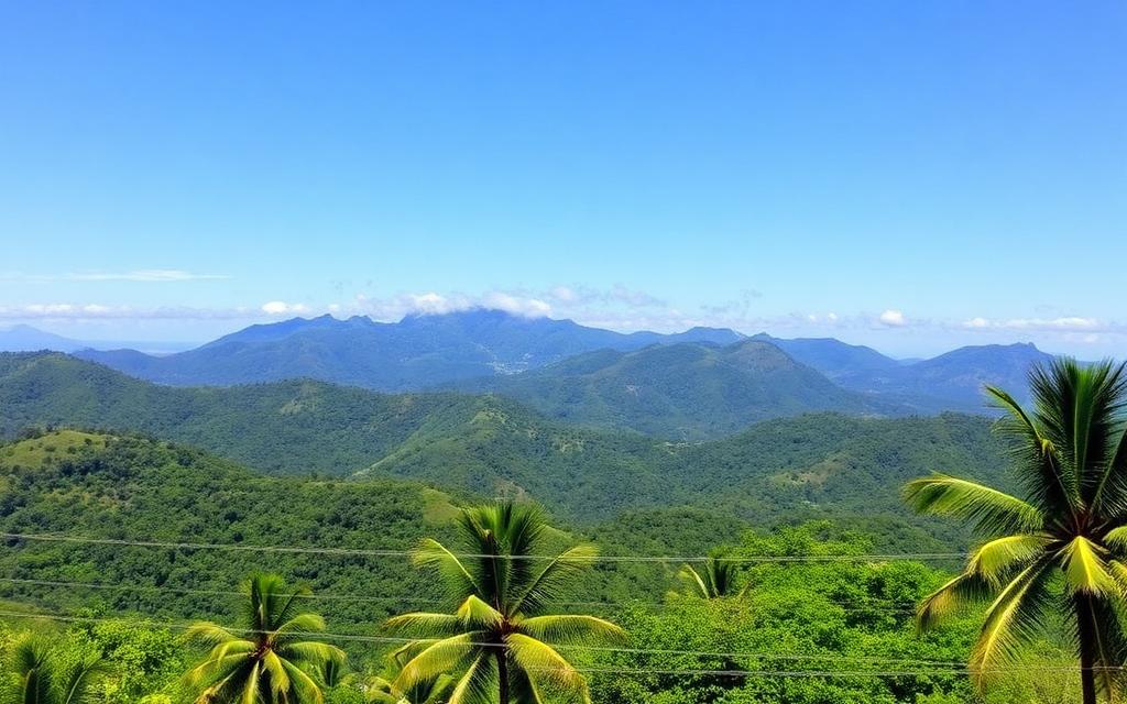 Alagalla mountain range Sri Lanka seen from near Mawanella with rolling green peaks, tropical forest and palm trees in foreground