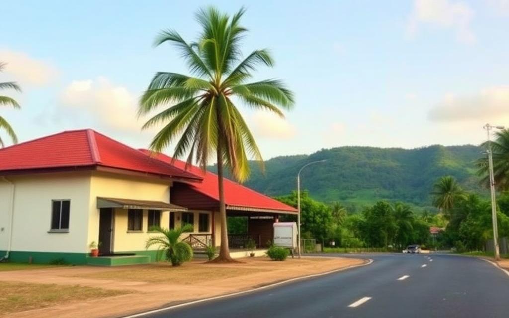 Small budget local hotel on main road in Mawanella Sri Lanka with simple facade, palm trees and inland green hills