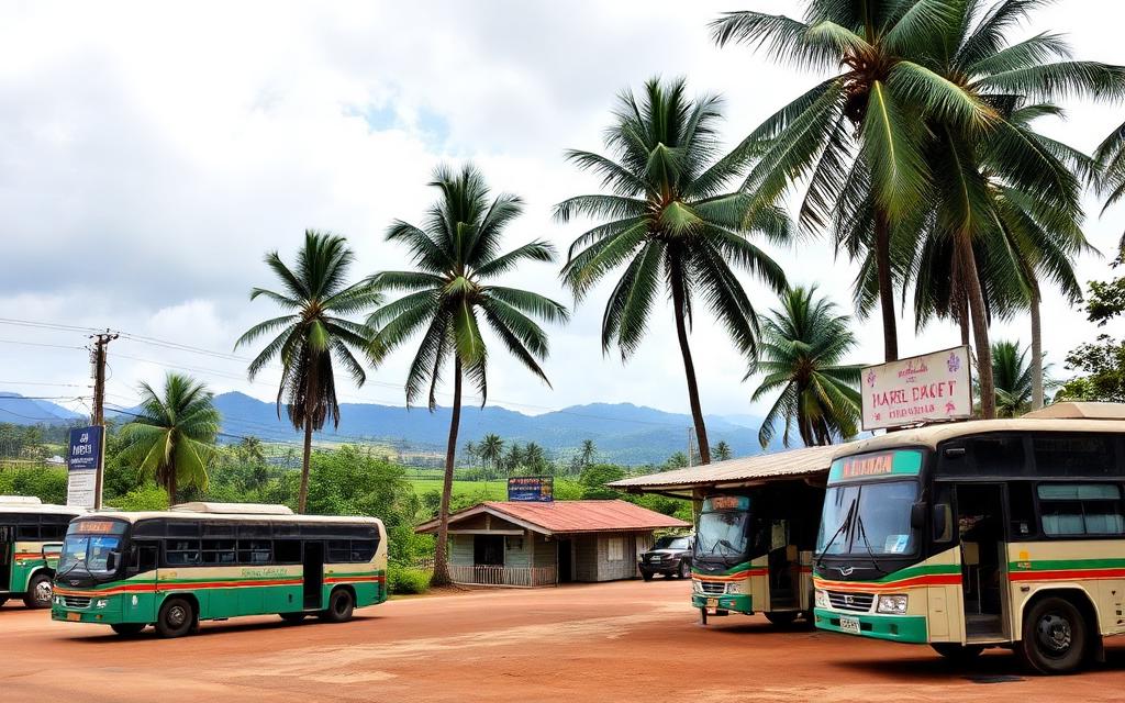 Small bus stand area in Mawanella Sri Lanka with parked local buses, palm trees, modest hotel signs and inland scenery