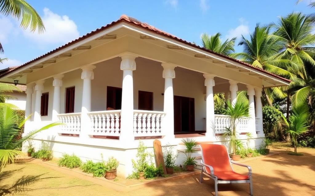 Family-run small guesthouse in Mawanella Sri Lanka with white painted house, veranda, tropical garden and palm trees