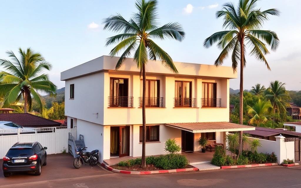 Town centre hotel reference in Mawanella Sri Lanka with simple modern facade, parking and palm trees