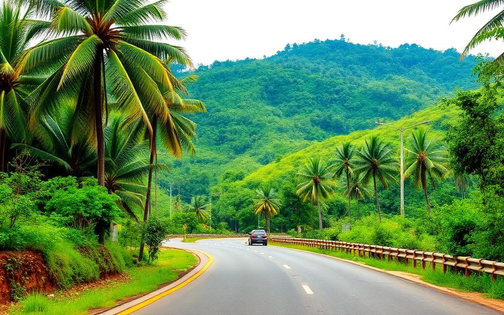 Kandy road heading east from Mawanella Sri Lanka with green hills, palm trees and a winding tropical road