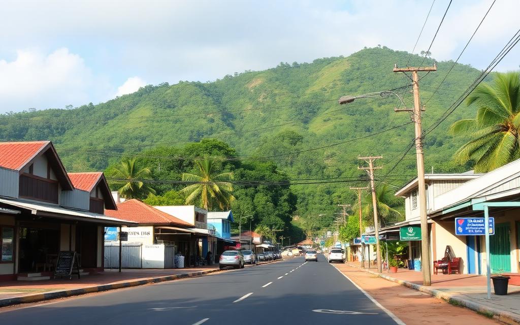 Kegalle inland Sri Lankan town with shops, tropical green hills and a quiet street, near Mawanella