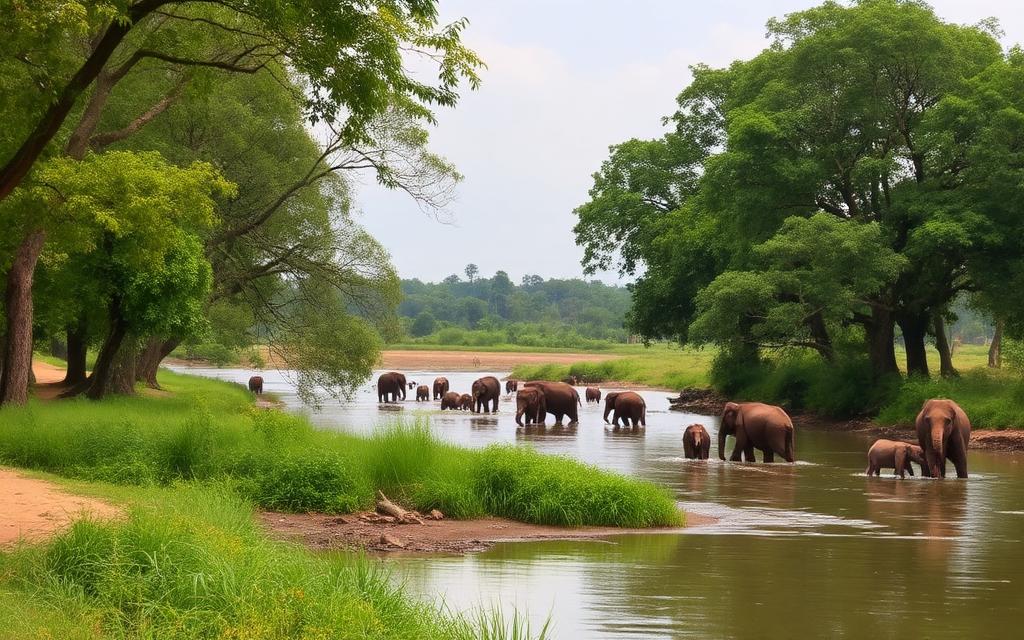 Pinnawala Sri Lanka inland village near Mawanella with Maha Oya river, lush riverside trees and distant view of elephants bathing in the river
