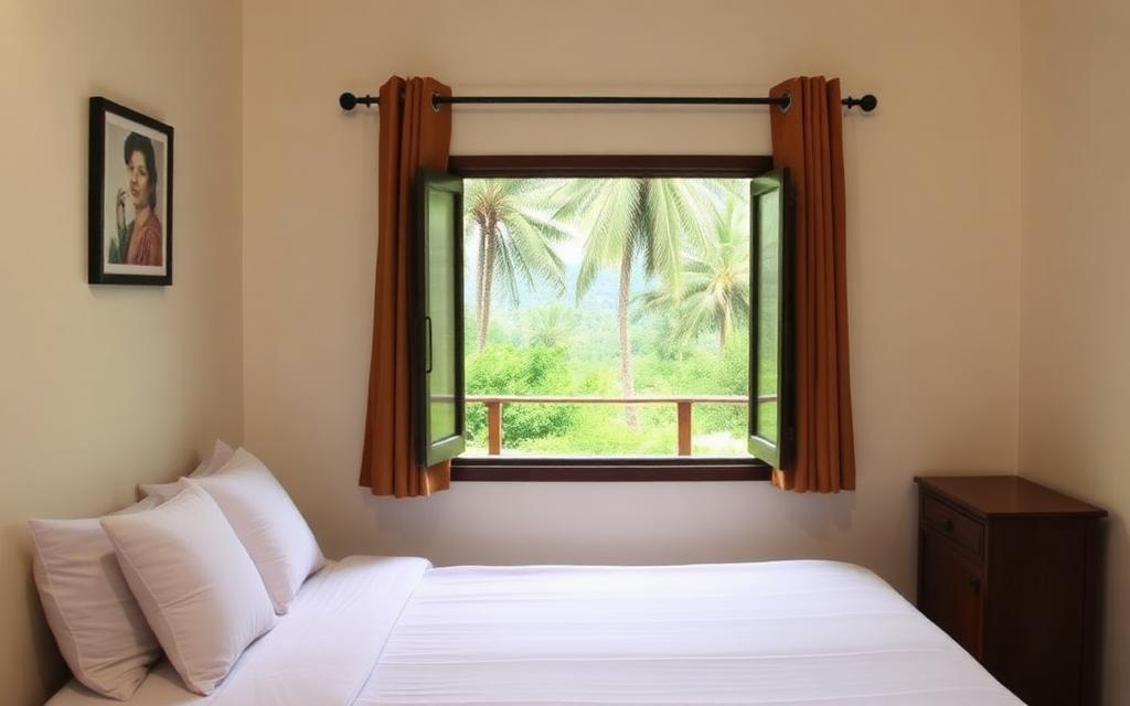 Cozy simple double bed hotel room in a Mawanella guesthouse Sri Lanka with plain decor and window opening to tropical green inland scenery