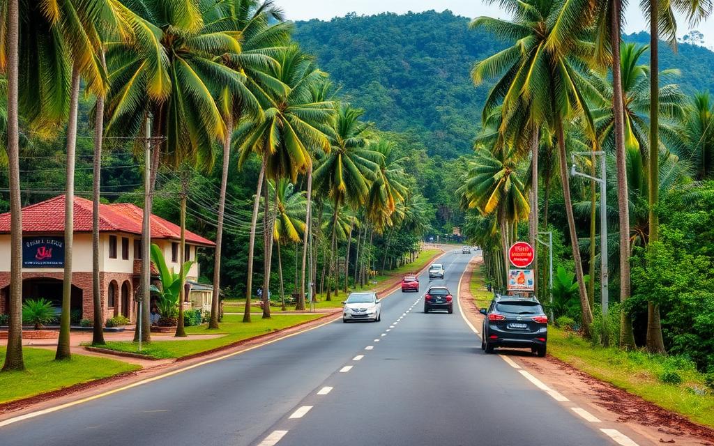 Colombo to Kandy main road A1 in inland Sri Lanka near Mawanella with palm trees, modest roadside hotels and passing cars