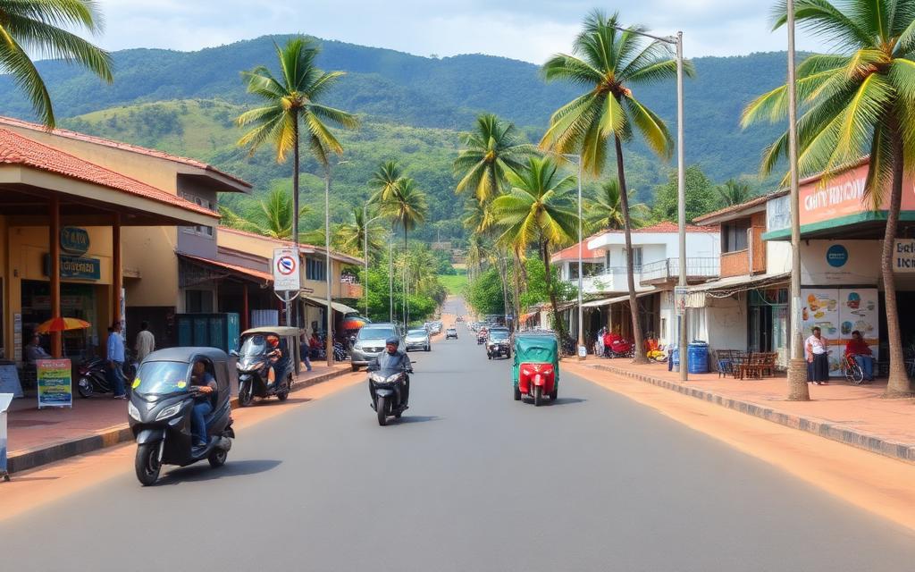Mawanella town centre street Sri Lanka with small local shops, three-wheelers, palm trees and inland green hills