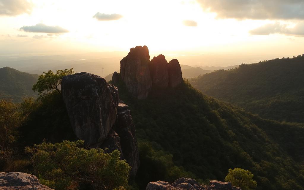 Uthuwankanda mountain rocky outcrop near Mawanella Sri Lanka with tropical green forest and inland scenery at golden hour