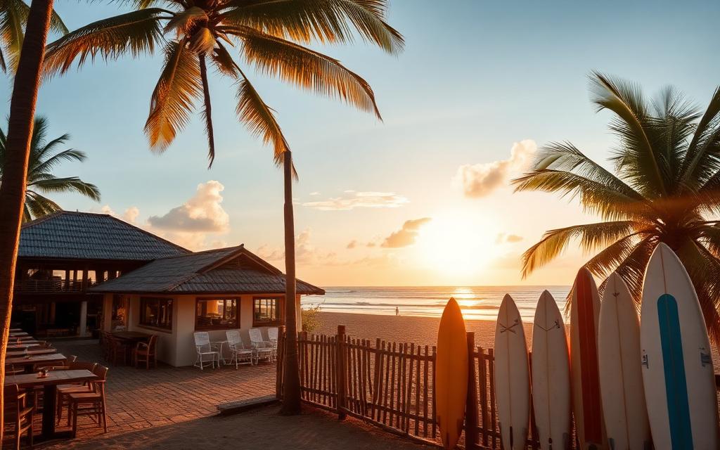 Ahangama Sri Lanka south coast trendy boutique surf area with palm-shaded cafe, white-washed boutique hotel, surfboards and golden hour light