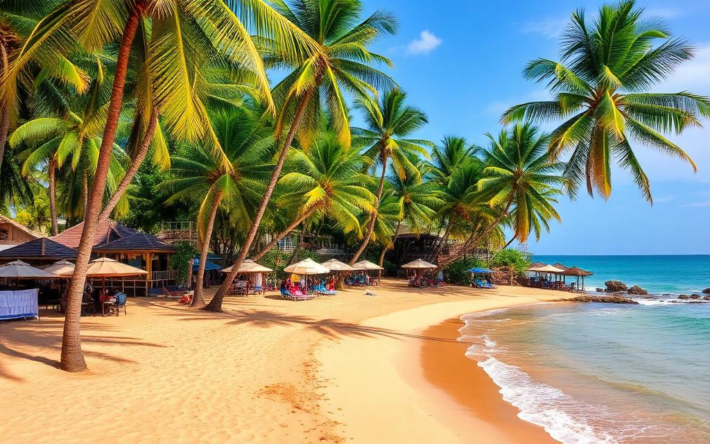 Mirissa Beach Sri Lanka south coast crescent sandy bay with palm trees, beach restaurants, umbrellas and turquoise water in warm afternoon light