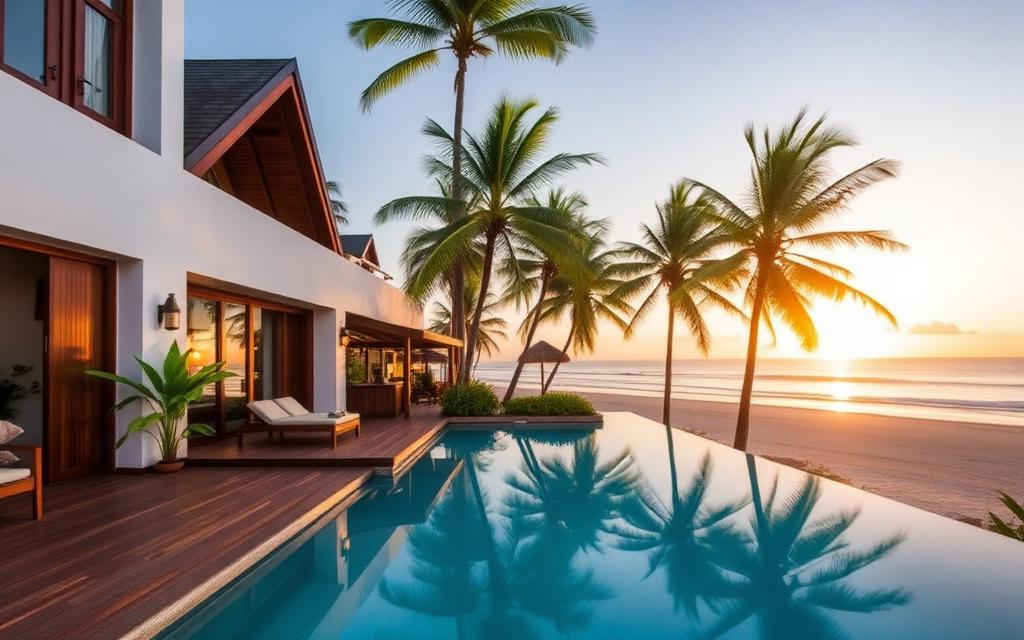 Mirissa Sri Lanka boutique beach hotel with white walls, wooden details and infinity pool facing palms and turquoise south coast ocean at golden hour