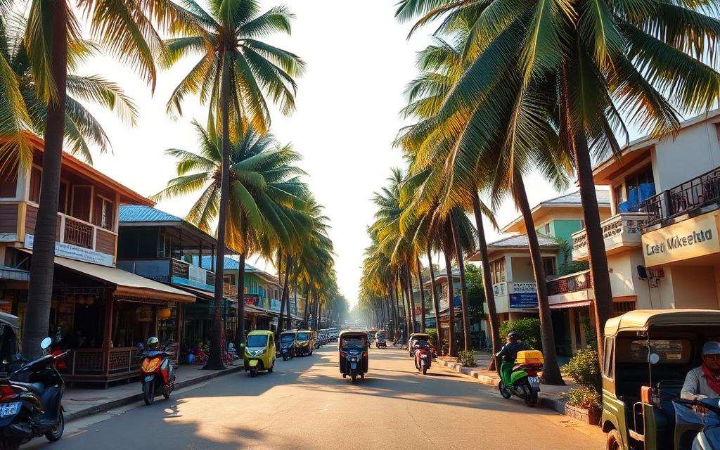 Central Mirissa Sri Lanka main road with palm trees, small cafes, guesthouses, scooters and tuk-tuks in relaxed south coast town atmosphere