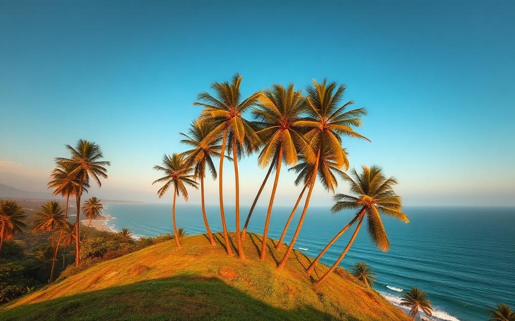 Coconut Tree Hill Mirissa Sri Lanka cluster of tall coconut palms on a green grassy headland above the turquoise Indian Ocean at golden hour