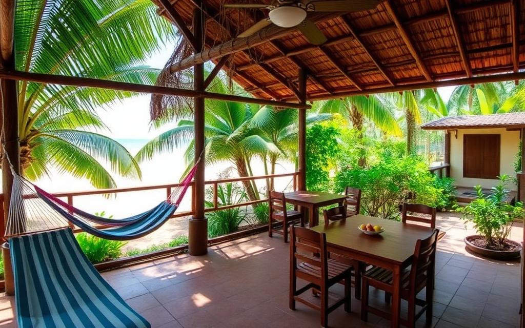 Mirissa beach guesthouse Sri Lanka palm-shaded veranda with hammocks, wooden furniture and view of the sandy beach