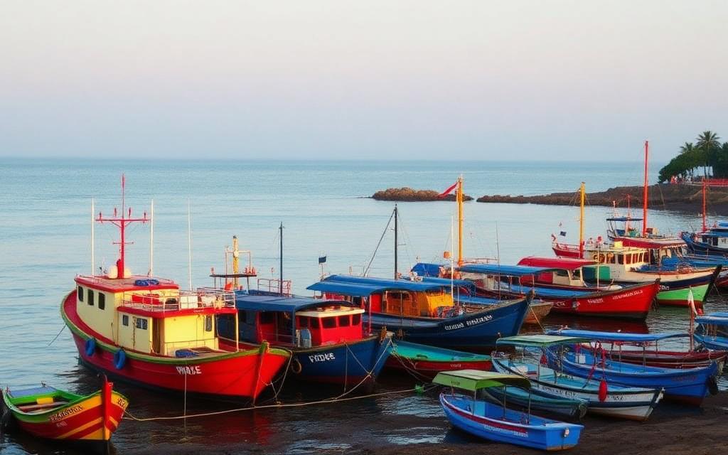 Mirissa Harbour Sri Lanka early morning with colorful whale watching boats and fishing vessels at the small south coast fishing harbour, calm sea and soft dawn light