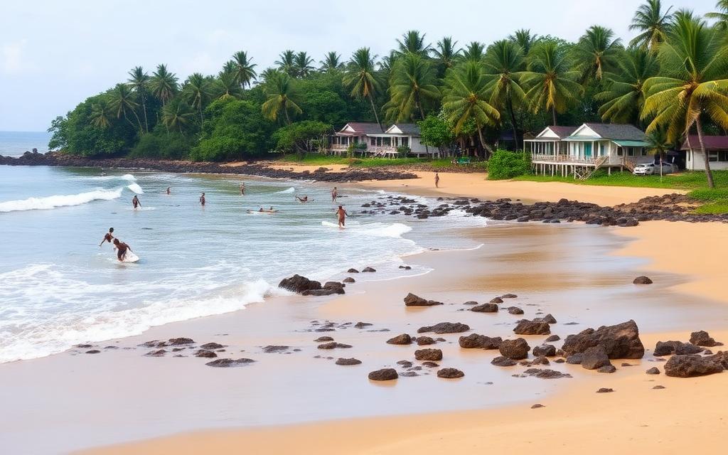 Midigama Sri Lanka south coast surf village with quiet sandy beach, rocky reef breaks, surfers paddling out and small palm-shaded guesthouses
