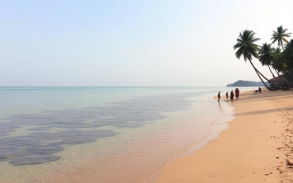 Polhena beach Matara Sri Lanka calm shallow lagoon with reef, families on quiet sandy shore and palm trees in gentle south coast atmosphere