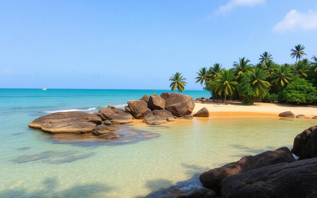 Secret Beach Mirissa Sri Lanka small quiet hidden cove with golden sand framed by rocks and palm trees, calm clear turquoise water