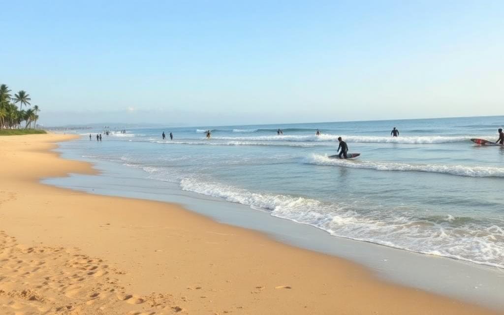Weligama Bay Sri Lanka south coast wide sandy beach with beginner surfers in gentle waves, longboards on the sand and palm trees in the distance