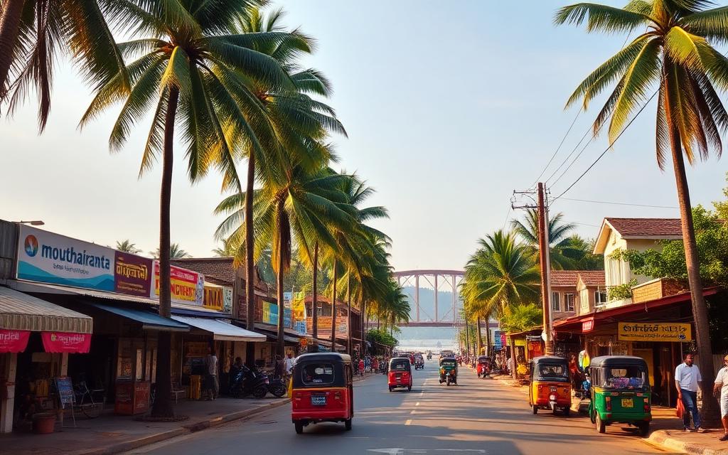 Aluthgama town near Moragalla Sri Lanka local west coast street with palm trees, colorful shops, tuk-tuks and the Bentota River bridge in the background