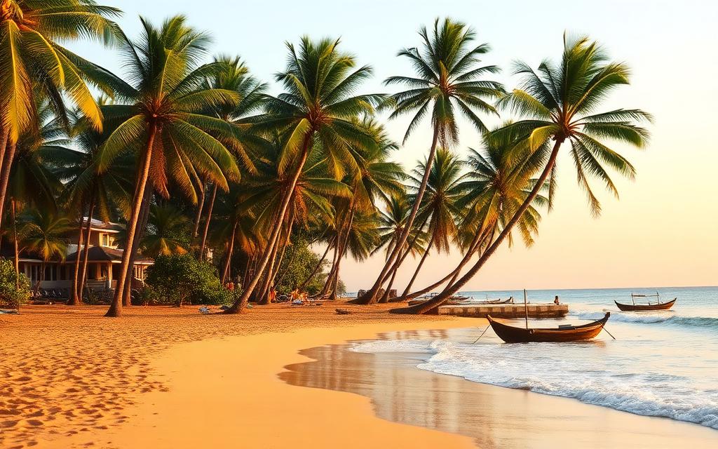 Moragalla Beach Sri Lanka quiet golden west coast sand with tall coconut palms, calm Indian Ocean and small wooden fishing catamarans in warm afternoon light