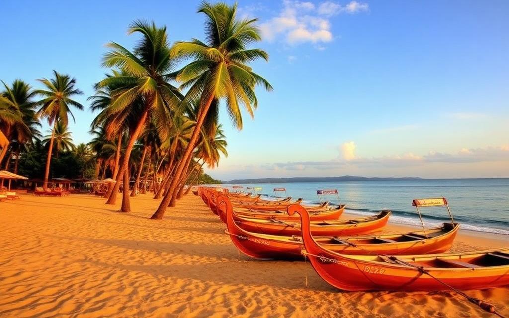 Bentota beach near Moragalla Sri Lanka classic west coast beach resort with palm trees, golden sand, calm Indian Ocean and wooden catamarans in soft golden light