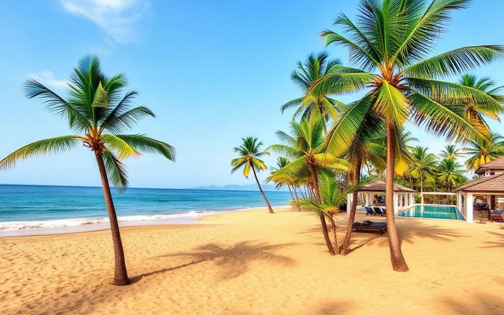 Beruwala beach near Moragalla Sri Lanka with large family beach resort, palm trees, golden sand and pool deck visible in warm afternoon light