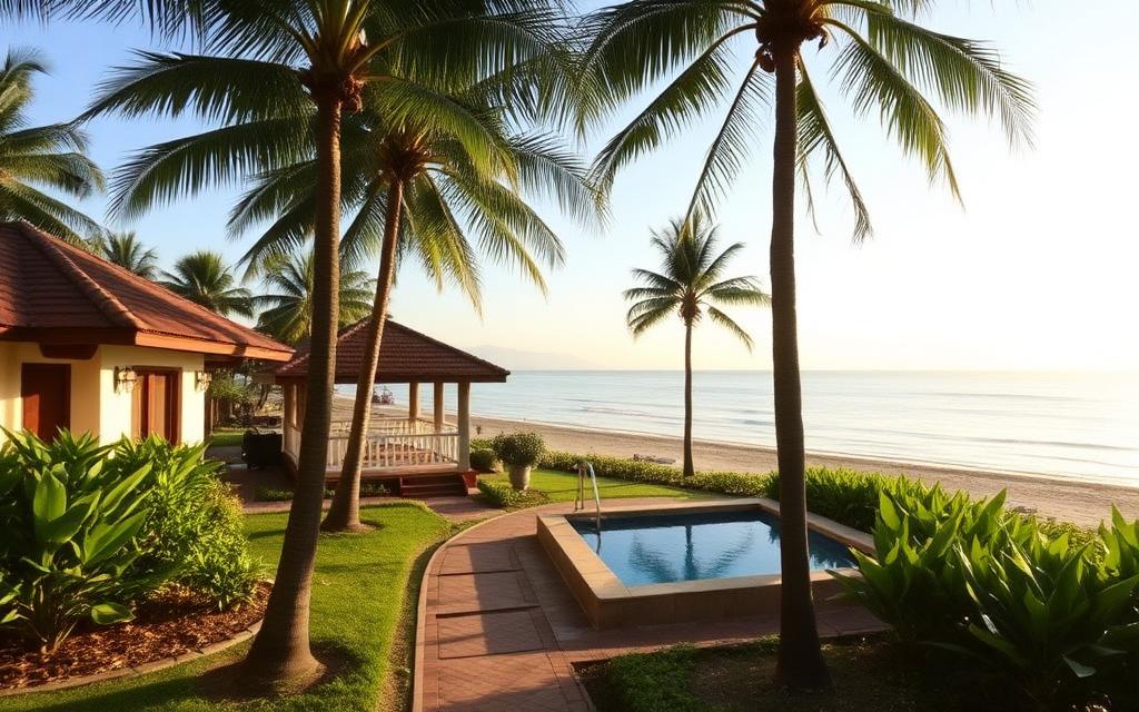 Garden-side hotel reference near Moragalla Sri Lanka with palm trees, small pool and beach access path